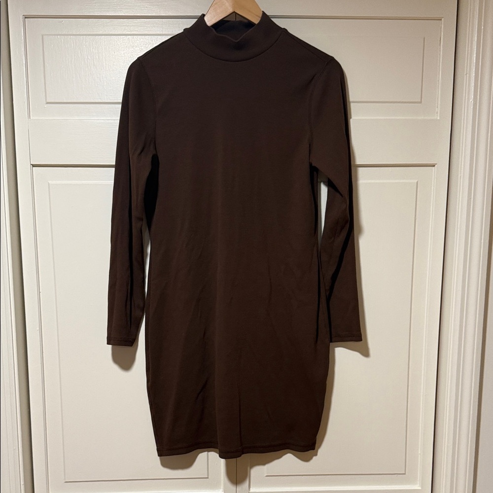 Old Navy High Neck Chic Long Sleeve Brown Midi Ribbed Fitted Dress-Large
